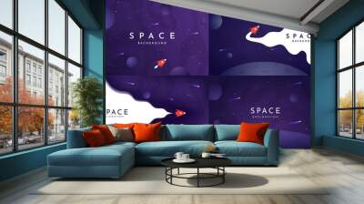 Vector backgrounds set. Space exploration. Cosmos with rocket. Violet cosmic wallpapers with stars. Template for gift cards, cover, banner, invitation. Website or game layout. Landing page design.  Wall mural