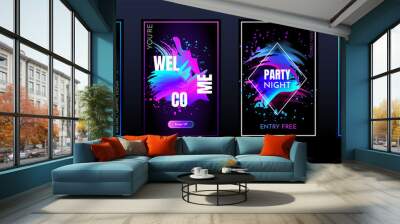 Vector banners. Modern art design. Element for design business cards, invitations, gift cards, flyers and brochures. Gradient 3d brush. Party dance banners. Color paint splash. Neon light on dark  Wall mural