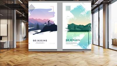 Vector brochure cards set. Travel concept of discovering, exploring and observing nature. Hiking. Adventure tourism. Flat design template of flyer, magazine, book cover, banner, invitation, poster. Wall mural