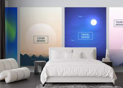 Vector flat style background set. Abstract cover. Gradient poster. Polar light, Himalaya mountains, night desert and lighthouse near water. A4 landscape. UI polygonal futuristic design concept.  Wall mural