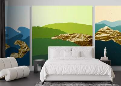 Vector graphic illustration. Abstract landscape. Mountains, sea waves, meadow hills. Backgrounds collection. Asian style. Design for social media template, web banner. Gold splashes, foil texture Wall mural