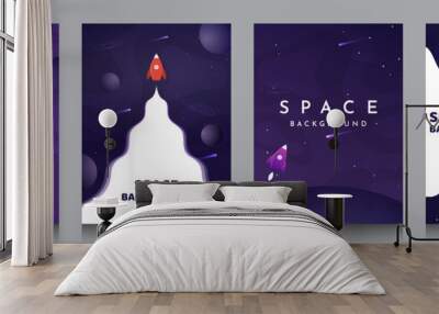 Vector illustration in abstract flat style. Minimalistic color space. Space exploration concept. A4 posters with copy space for text. Set of violet backgrounds. Creative dark wallpaper.  Modern design Wall mural