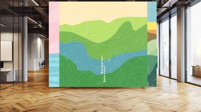 Vector illustration landscape. Japanese wave pattern. Mountain background. Asian style. Design for social media wallpaper, blog post template. Old paper with scratches, Colorful backdrop Wall mural