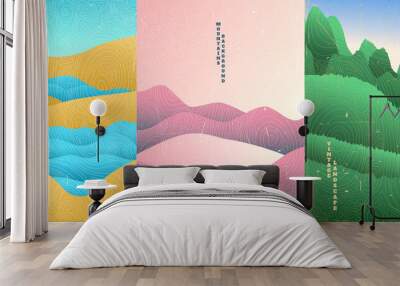 Vector illustration landscape. Wood surface texture. Hills, seascape, mountains. Japanese wave pattern. Mountain background. Asian style. Design for poster, book cover, web template, brochure. Wall mural