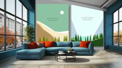 Vector illustration. A set of forest landscapes in a flat style. Natural ecology wallpapers. Geometric minimalist, polygonal concept. Clear sky. Design for poster, postcard, book or magazine cover Wall mural