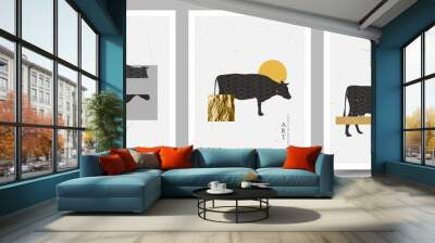 Vector illustration. Abstract contemporary room interior poster collection. Postcard, book cover, magazine, brochure, banner design element. Cow isolated. Surreal shapes composition. Gold foil texture Wall mural