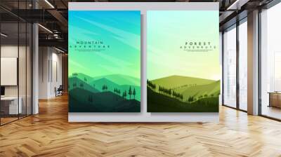 Vector illustration. Flat background collection. Minimalist style. Mountain view, forest trees. Geometric polygonal concept. Design for web banner, social media template. Cloudy sky. Woods landscape Wall mural