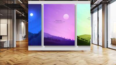 Vector illustration. Flat landscape collection. Cloudy sky. Forest background with pine trees. Design elements for poster, magazine, book cover, banner, invitation, brochure. Wallpapers with text Wall mural