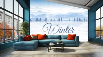 Vector illustration. Flat landscape. Snowy background. Snowfall. Clear blue sky. Blizzard. Cartoon wallpaper. Winter season. Forest trees and mountains. Polygonal spruces. Ice water. Frozen lake Wall mural