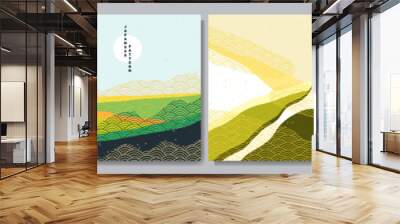 Vector illustration. Linear drawn texture. Mountain peaks, water in desert, green hills. Colorful modern background. Asian style. Design for social media, blog post, web banner template. Retro style Wall mural