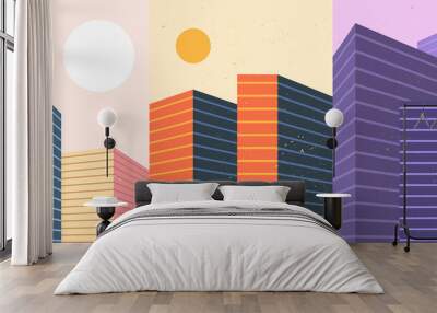 Vector illustration. Modern art background. Color wallpapers set. Minimalist graphic design for poster, cover, brochure, magazine, greeting card. Buildings in geometric line style. Retro graphic Wall mural