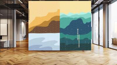 Vector illustration. Mountains, stones in water, hill in meadow, rock top. Old paper with scratches effect. Hand drawn Japanese pattern. Vintage nature graphic. Abstract flat landscape design Wall mural