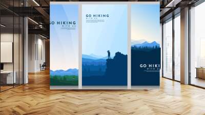 Vector illustration. Travel concept of discovering, exploring and observing nature. Hiking. Climbing. Adventure tourism. Flat design for flyer, voucher, poster, invitation, gift card. Wall mural