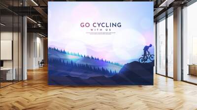 Vector landscape. Silhouettes of mountains, forest, meadow. Cyclist with a backpack rides a mountain bike on the rocks. Mountain trip. Realistic trees. Blue foggy background. Panoramic wallpapers Wall mural