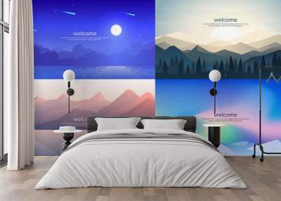 Vector wallpapers in minimalist flat  concept. Background for games, web design. Moon over water, sunrise in the Himalayas, mountains near water, aurora in the Arctic over snow-capped mountains.  Wall mural