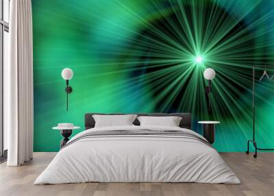 Abstract green sun burst and fog foreground.Green lights shining with lens flare Wall mural