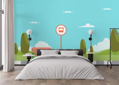 Bus stop of main street city. Bus stop. signs and icons in flat design.Bus stop. Urban concept.Public park with bench and bus stop with sky background illustration Wall mural