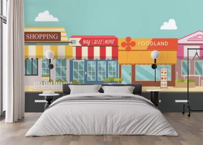 City street and store buildings vector illustration, a flat style design.Business storefront in urban.Public store on main street.Urban scene in midday Wall mural