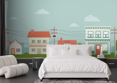 City street and store buildings with Power pole vector illustration. Urban and town landscape. Cute House in country with nature landscape Wall mural