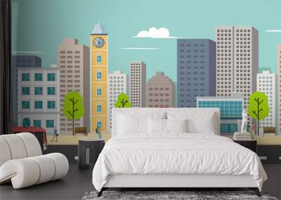 Cityscape and company buildings , minibus and van on street vector illustration.Business buildings and public bus stop in urban.Smart city with sky background Wall mural