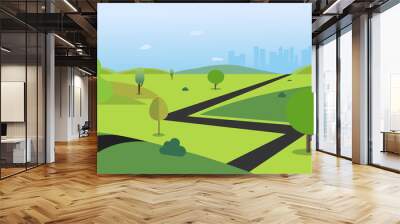 Countryside with road , trees , hills , sky and town background vector illustration.Main street to city.Urban scene with nature background.Beautiful nature landscape. Wall mural