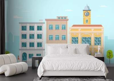 Flat apartment in town with people walking around.Town, leisure outside concept.Vector illustration.Modern buiding with people on street Wall mural