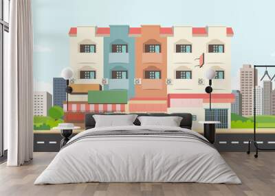 Flat house on main street with park and city background.Apartment with town landscape vector design. Townhome with public park and sky background. Wall mural