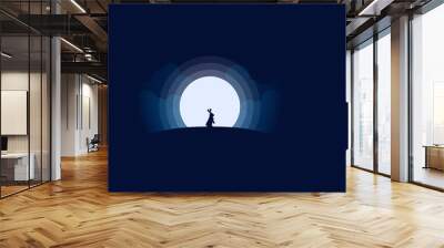 Night scene with full moon and silhouette rabbit on hill illustration Wall mural