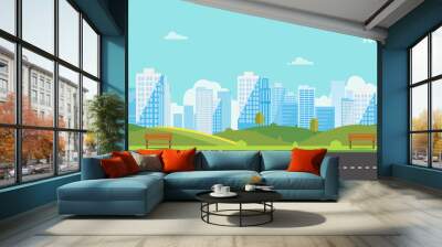 Public park with bench main street city with sky and city background.Beautiful nature scene with town and hill.Clean spring amazing scenery. Vector illustration.Road with urban Wall mural