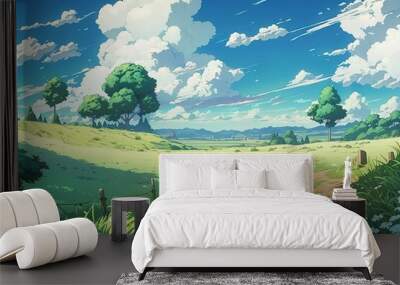 a green field under a blue sky with clouds, anime countryside landscape, art illustration  Wall mural