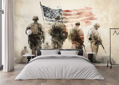 a group of soldiers standing in front of an american flag, us soldiers, military art, Memorial day , art illustration  Wall mural