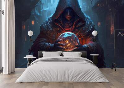 a man in a hooded suit holding a glowing ball, fantasy, magic, art illustration Wall mural