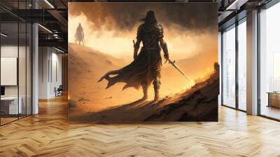 a man that is standing in the dirt with a sword, epic fantasy warrior, concept art illustration  Wall mural