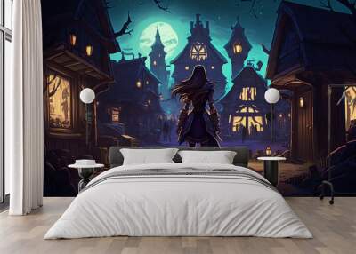 a person standing in the middle of a town at night, village, fantasy town, game, fantasy art illustration  Wall mural