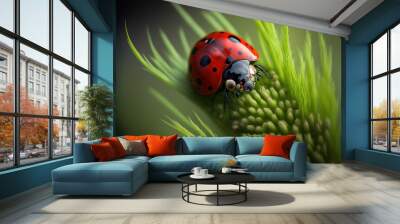 a red ladybug sitting on top of a lush green, macro animal, generative ai illustration  Wall mural