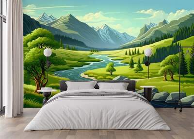 a river running through a lush green valley, cartoon landscape , art illustration  Wall mural