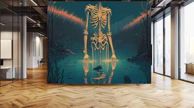 a skeleton standing in the middle of a body of water, fantasy, art illustration  Wall mural