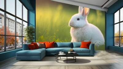 a small white rabbit sitting in the grass, animal, art illustration  Wall mural