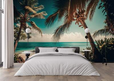 a tropical beach with palm trees in the foreground, sunny day at beach, art illustration  Wall mural