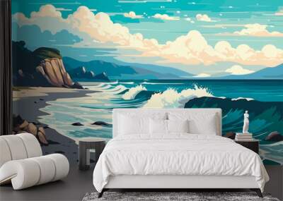 beach coast with mountains and sea, vector illustration Wall mural