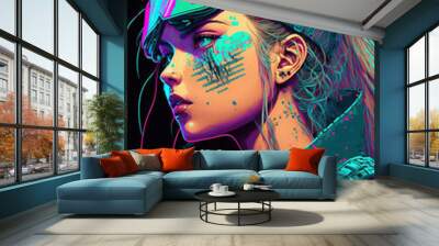 beautiful cute cyberpunk girl edge shatters and dissolves into 16-bit pixel art, pixels, square pixels, pixel dissolve, pixel shatter, neon, comics style, art illustration Wall mural