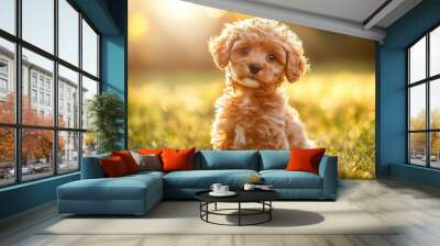 cute brown puppy sitting in the grass on a sunny day, with its fluffy fur and vibrant eyes  Wall mural