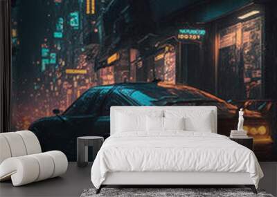 cyberpunk city street at night, dark vintage sci-fi art illustration Wall mural