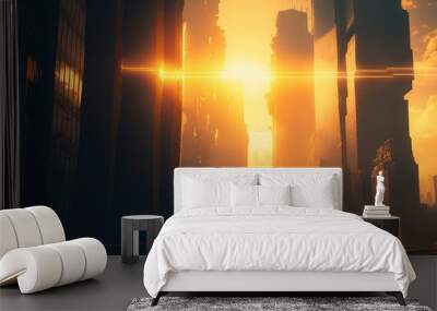 cyberpunk landscape, the sky is full of golden light, futuristic art illustration concept Wall mural