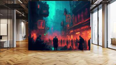 cyberpunk megacity city, crowds of people, neon lights, concept art Wall mural