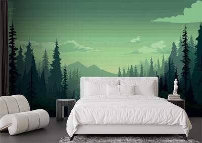 forest with mountains and trees, landscape vector illustration Wall mural