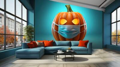 Halloween facial mask as a jack o lantern pumpkin wearing a medical face protection as a symbol for disease control and virus infection and coronavirus or covid-19 safety, generative ai  Wall mural