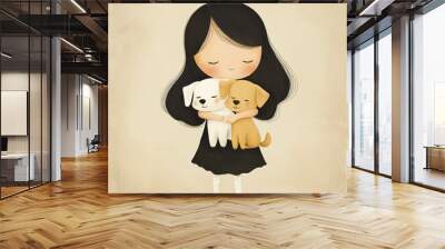 illustration of a young girl embracing fluffy dogs  Wall mural