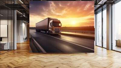 Logistics import export and cargo transportation industry concept of Container Truck run on highway road at sunset blue sky background, generative ai  Wall mural