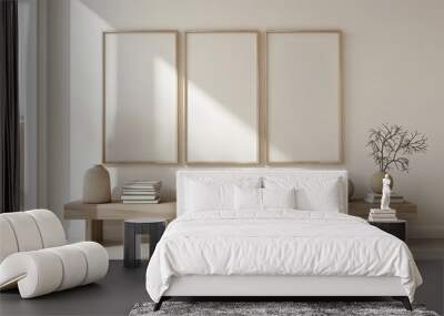 modern interior design, three wooden frames on the wall mockup, minimalistic style Wall mural